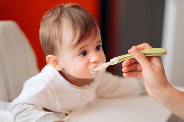 Funny Cute Adorable Baby Eating Yogurt Kitchen — Stok Foto