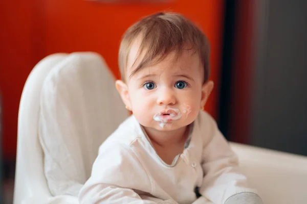 Funny Cute Adorable Baby Eating Yogurt Kitchen — Stok Foto