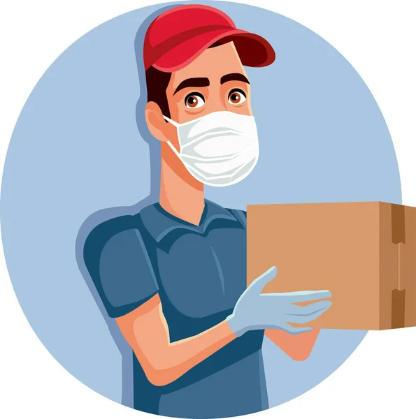 Delivery Man Viselő Védő Maszk Kesztyű Vektor Illusztráció — Stock Vector