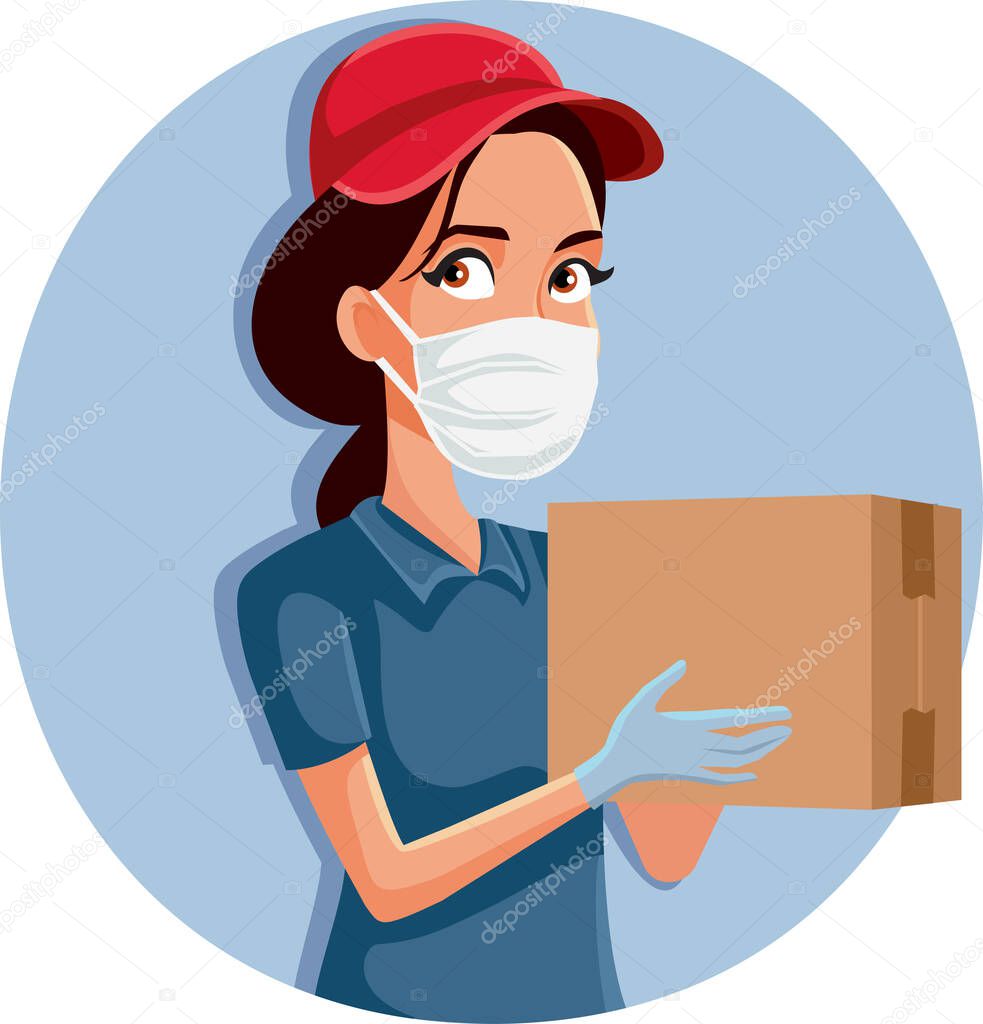 Delivery Female Worker Wearing Protective Mask and Gloves 