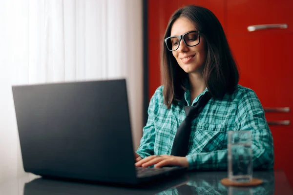 Funny Woman Wearing Pajamas Tie Working Home — Stock Photo, Image