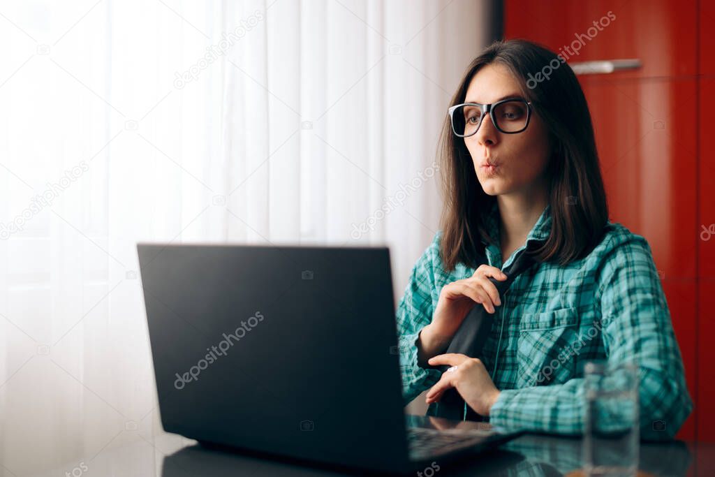 Funny Woman Wearing Pajamas and Tie Working From Home