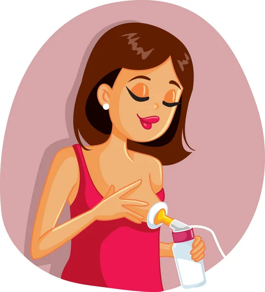 Young Mother Using Electric Breast Pump Milk Extraction — Stock Vector