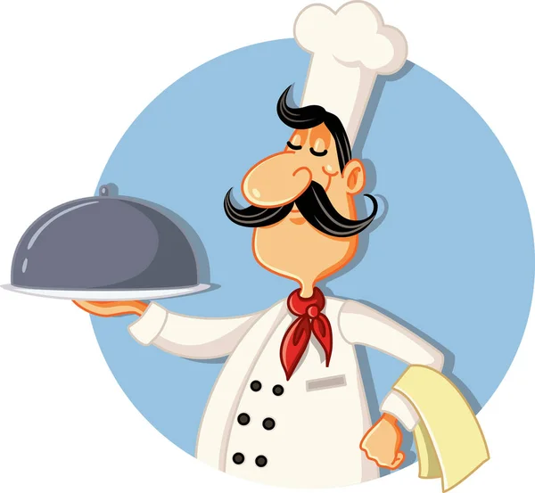 Cartoon Chef Holding Silver Platter Vector Illustration — Stock Vector