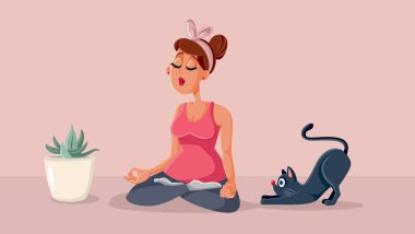 Kedi vektörü çizgi filminin yanında meditasyon yapan kadın.