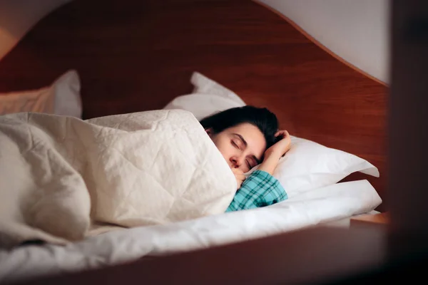 Exhausted Woman Sleeping Covered Blanket — Stock Photo, Image