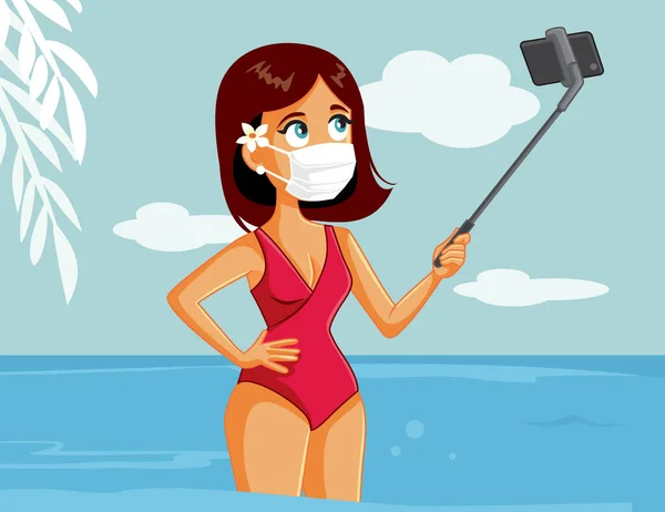 Turista Femenina Usando Máscara Médica Tomando Selfie Verano — Vector de stock