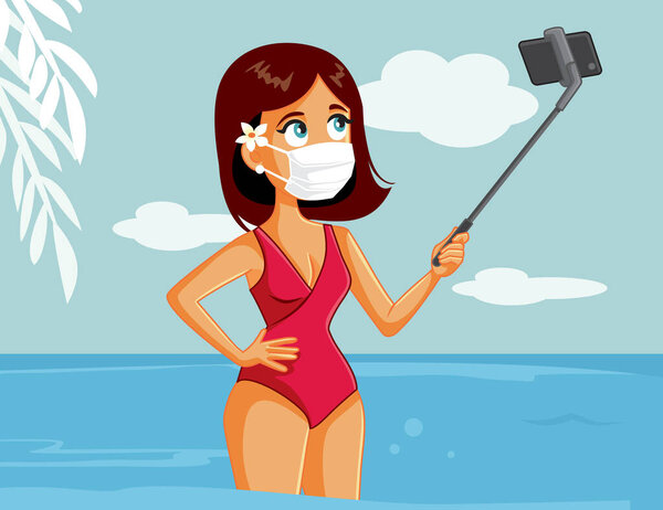 Female Tourist Wearing Medical Mask Taking a Selfie in Summer