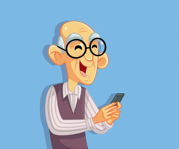Senior Old Man Använda Smartphone Tecknad Karaktär — Stock vektor