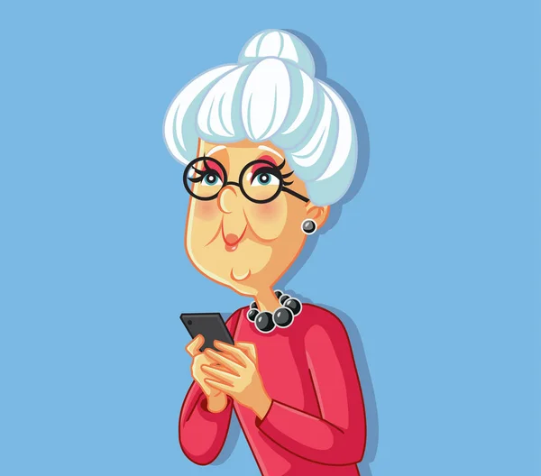 Senior Oude Vrouw Met Behulp Van Smartphone Stripfiguur — Stockvector