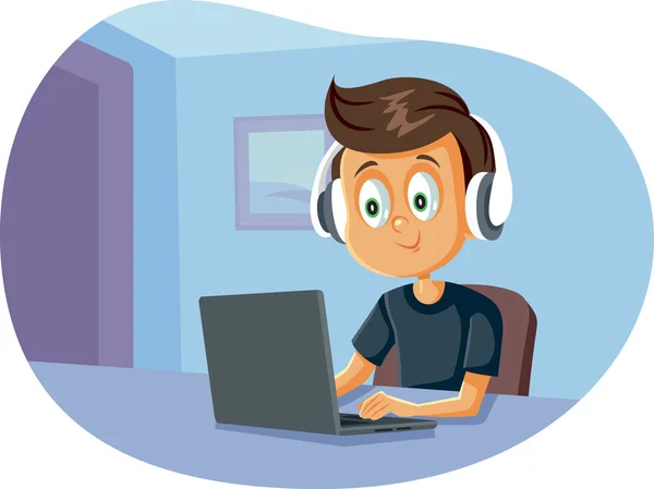 Cartoon Boy Wearing Headphones Using Laptop — Stock Vector