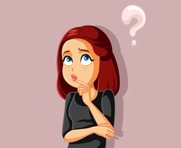 Funny Cartoon Girl Thinking Having Many Questions — Stock Vector