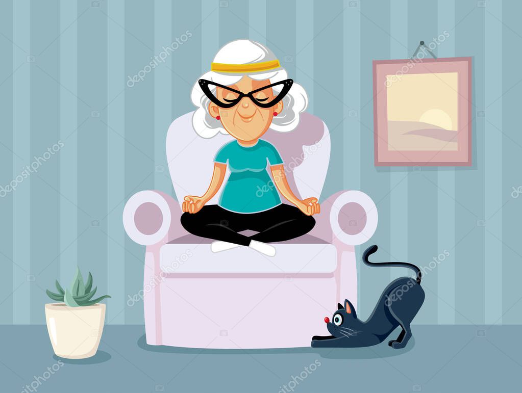Granny in Yoga Pose Relaxing at Home Vector Cartoon
