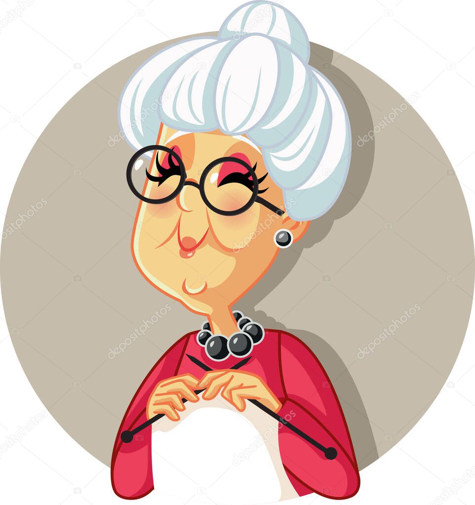 Funny Vector Cartoon Granny Knitting