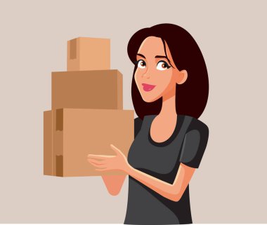 Sevimli Kadın Karton Kutu Tutuyor Vektör Çizgi Filmini Tutuyor