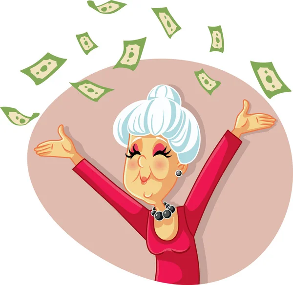 有趣的退休老年妇女把钱扔在家里 — 图库矢量图片