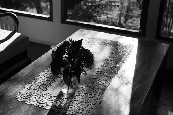 Flor ixora em vaso na mesa de madeira perto da janela, preto e branco — Fotografia de Stock