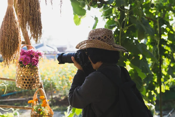 Fotógrafo feminino tirar foto de flor rosa — Fotografia de Stock