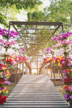 çiçek dekorasyon ahşap köprü üzerinden kanal üzerinde