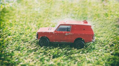 kırmızı minyatür araba yeşil çimenlerin üzerinde seyahat