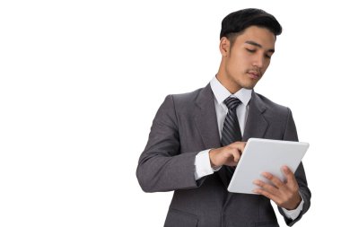 gri takım u giyen genç Asya başlangıç girişimci işadamı