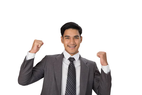 Asijský mladík po spuštění podnikatel podnikatel Zvedněte ruce — Stock fotografie