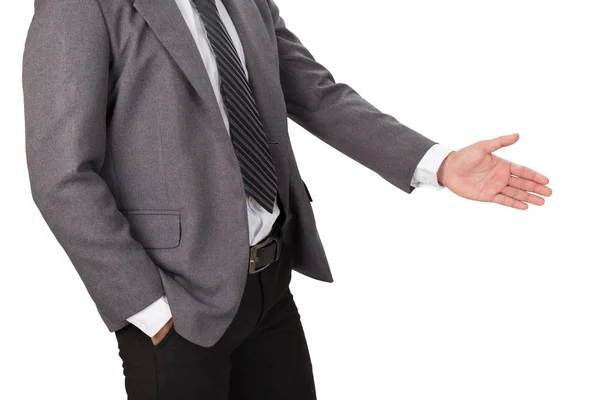Egy üzletember egy nyitott kéz készen áll a kézfogás, a pecsét a — Stock Fotó