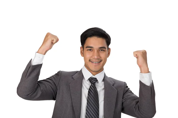 Young asian man startup entrepreneur businessman raise his hands — Stock Photo, Image
