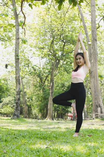 若いアジアの女性は、朝の公園で外ヨガを練習します。コンク — ストック写真