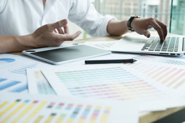 bilgisayar, renk örneği çalışan genç grafik tasarımcı. Crea