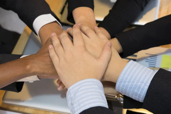 Young businessman joining hand, team of business people touching — Stock Photo, Image