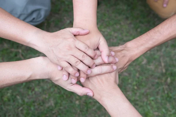 Giovane studente universitario unendo la mano, start up business team touch — Foto Stock