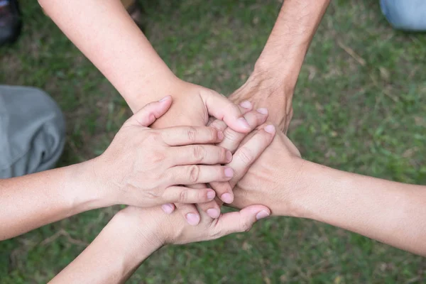 Giovane studente universitario unendo la mano, start up business team touch — Foto Stock