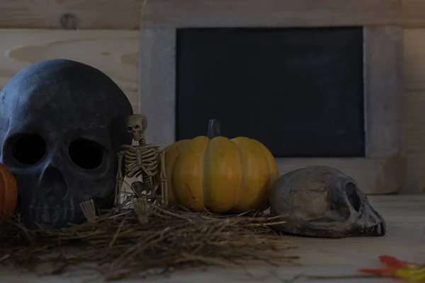 Pumpkin, skull, skeleton on wooden background for Halloween holi — Stock Photo, Image