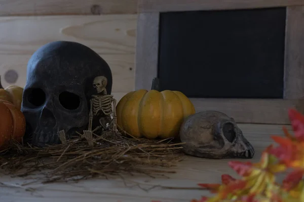Pumpkin, skull, skeleton on wooden background for Halloween holi — Stock Photo, Image