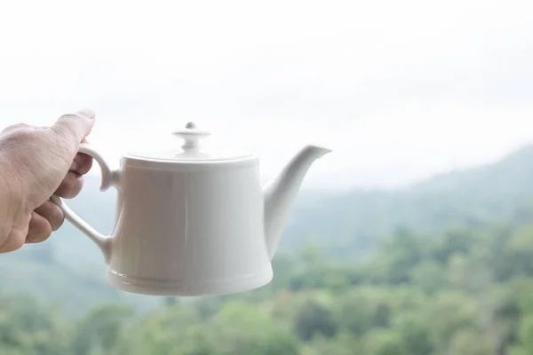 Hand hält weißen Teebecher mit grünem Natur Berg Hintergrund — Stockfoto