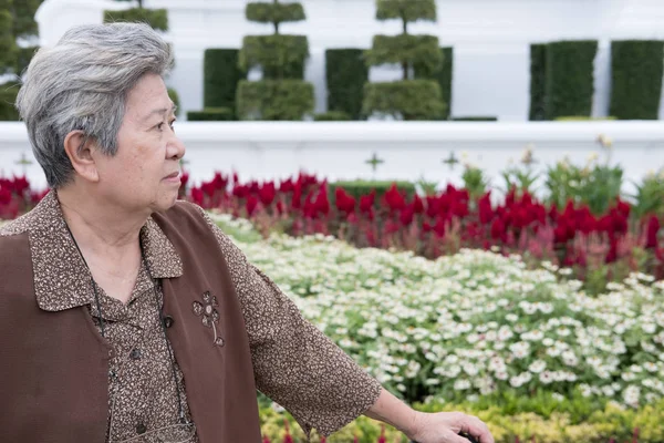 Mujer mayor asiática de pie en el jardín. anciano mayor reposo femenino — Foto de Stock