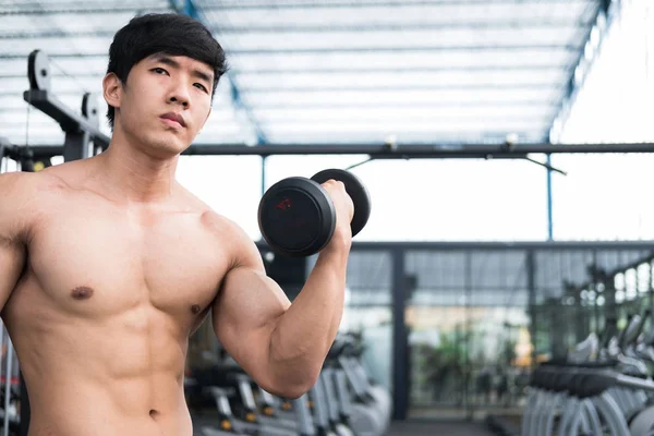 男子举哑铃在健身房。工作在 fitnes 的健美男 — 图库照片