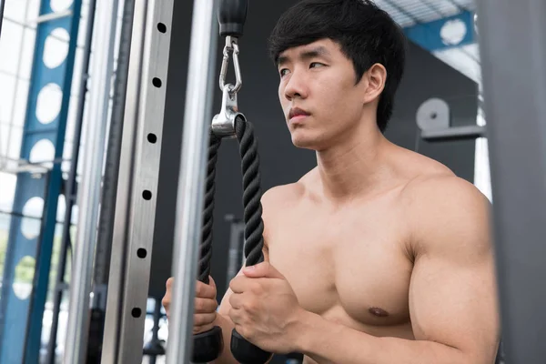 genç adam fitness egzersiz halter makine ile yürütmek