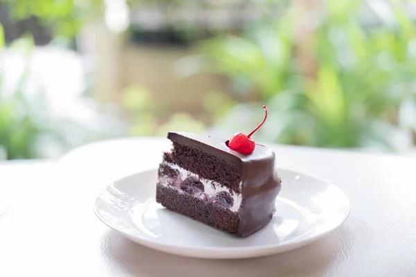 Rebanada de pastel de chocolate negro salsa de cereza. sabroso delicioso desse — Foto de Stock