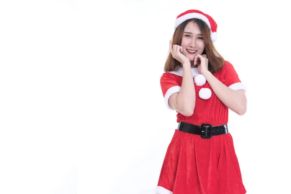 Ritratto di donna asiatica in abito da Babbo Natale su sfondo bianco — Foto Stock