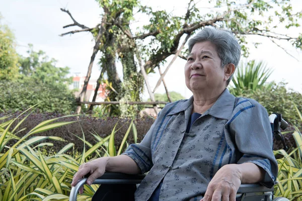 Oudere vrouw in rolstoel rust in de tuin. oudere vrouwelijke EXTE — Stockfoto
