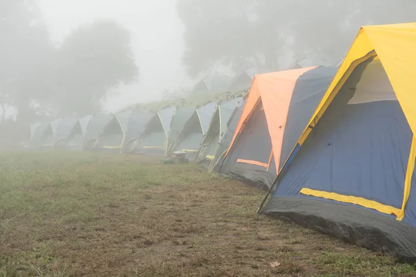 Touristenzelt im Nebel. Zelten im Wald. Reisen, Urlaub — Stockfoto