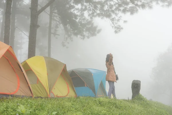 Турист поднимает руку со счастьем возле палатки в тумане и тумане. campi — стоковое фото