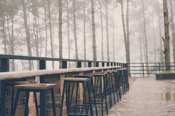 Sgabello sulla terrazza in caffè nella foresta. sedia sul balcone vicino pineta t — Foto Stock