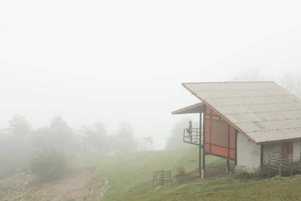 Mujer en terraza de casa con niebla en montaña por la mañana. niebla — Foto de Stock