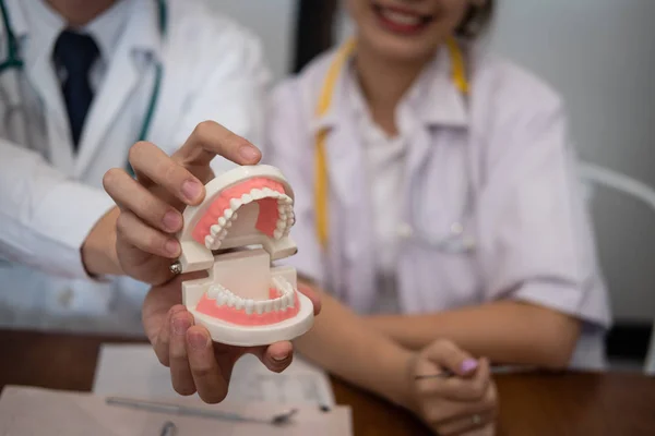 Dentista mostrando dientes artificiales. modelo de mandíbula de retención ortodoncista — Foto de Stock