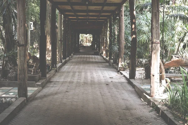 Vista de perspectiva de la pasarela en el parque. camino en la construcción — Foto de Stock