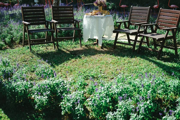 花卉花园里的木椅 — 图库照片
