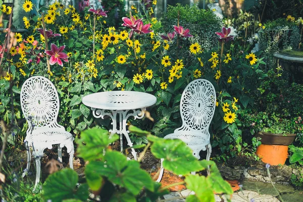 Krzesełko w ogrodzie park — Zdjęcie stockowe